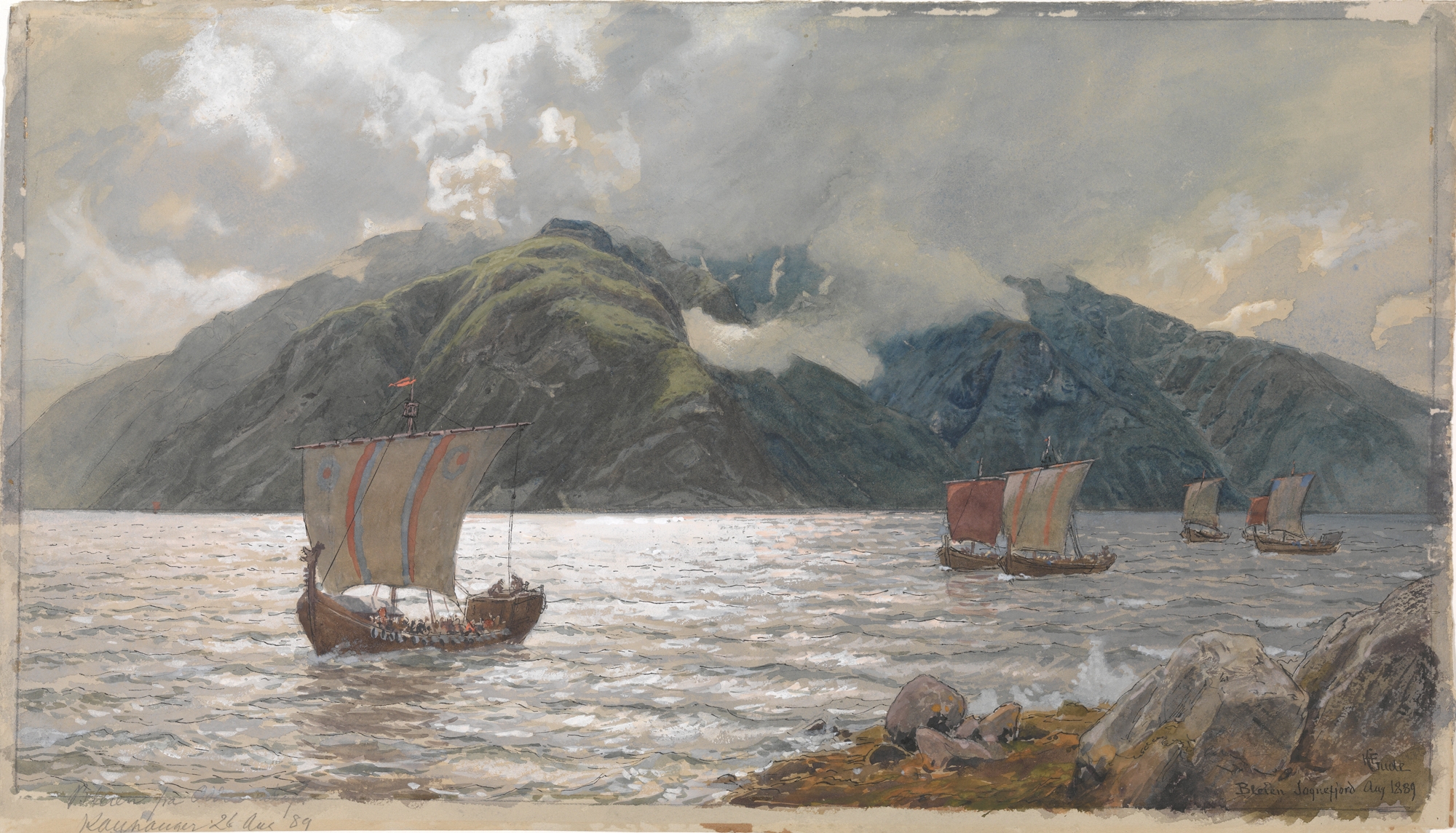 Hans Gude — Viking Ship in the Sognefjord (1889)